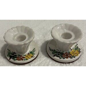 Vintage Portugal Floral Art Pottery Hand painted short Candle Holders 2 1/2 x 3’